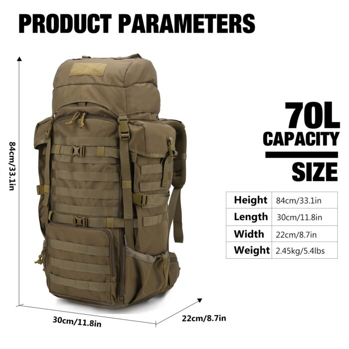 70L Backpacking Pack with Rain Cover- Bushcraft, Military - Image 2