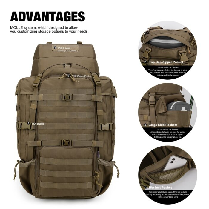 70L Backpacking Pack with Rain Cover- Bushcraft, Military - Image 3