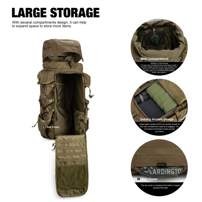 70L Backpacking Pack with Rain Cover- Bushcraft, Military - Image 4