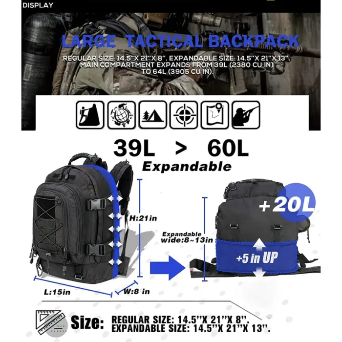 Extra Large 60L Water Resistant Tactical Backpack for Outdoor Adventure - Image 6
