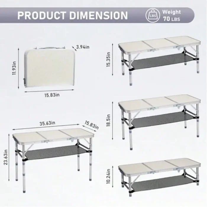 3FT Folding Camping Table with 3 Adjustable Heights, Aluminum Lightweight Picnic Table - Image 5
