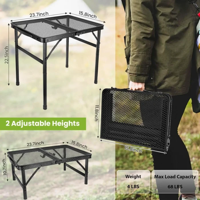 2 x 1.3 FT Adjustable Folding Camping Table with Mesh Top Grill Stand - Image 2