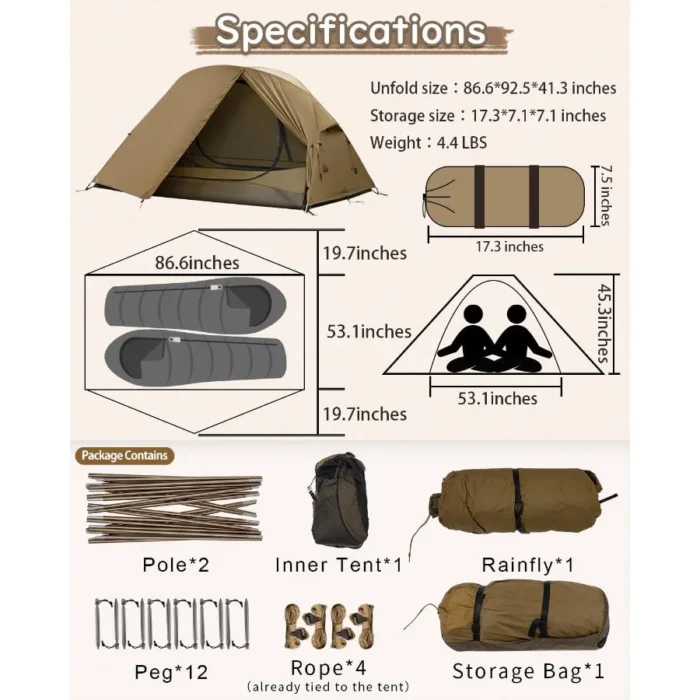 TOMOUNT Ultralight Backpacking Tent for 1–2 Person, 3.3–4.4LB Nylon Hiking Shelter - Image 6