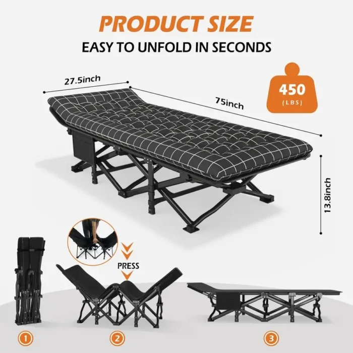 450LB Folding Camping Cot with Cushion, Double-Layer 600D Fabric & Side Storage Pocket - Image 5