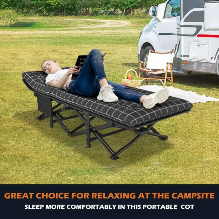 450LB Folding Camping Cot with Cushion, Double-Layer 600D Fabric & Side Storage Pocket - Image 2