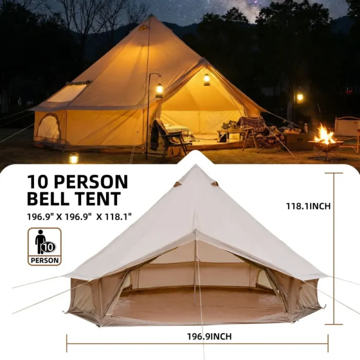 16 FT Four-Season Bell Tent for 10 People with Waterproof Canvas & Stove Jack - Image 2