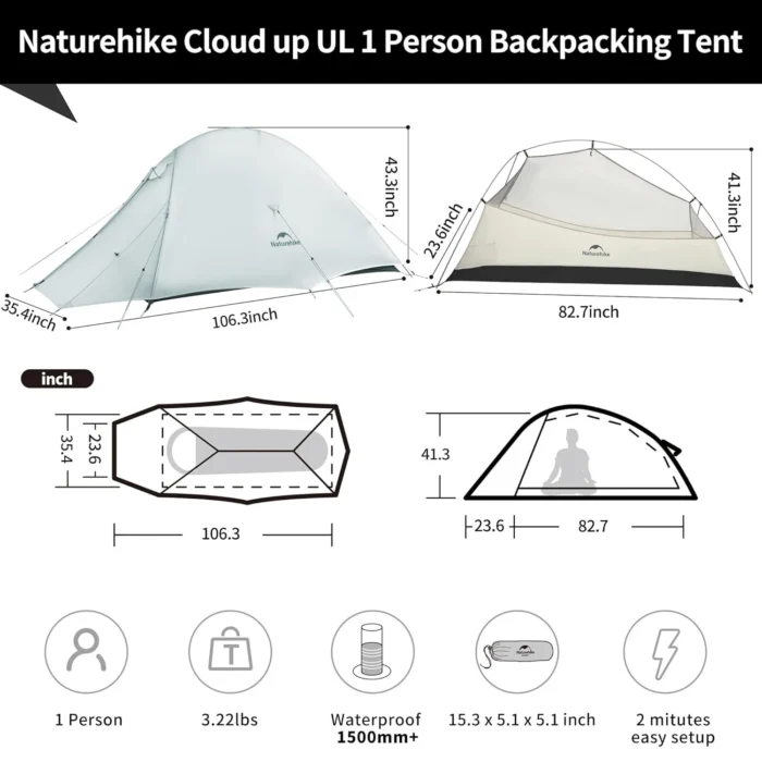 Naturehike Cloud Up UL 1/2 Person Tent Ultralight Camping Tent Double Layer Waterproof Backpacking Tent Outdoor Hiking Tent - Image 6